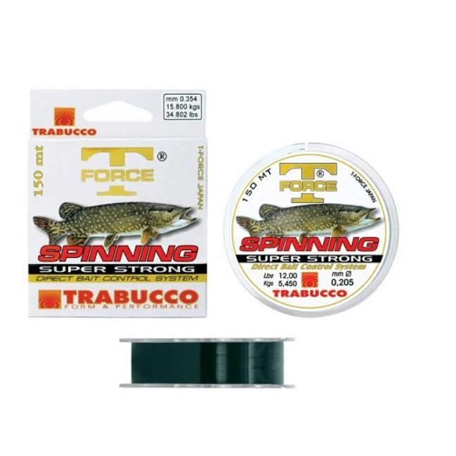 Najlon Trabucco T-Force Spin Pike 0.22mm 150m za ribolov štuke, zelenkasto-braon monofil 7,5 kg nosivosti.