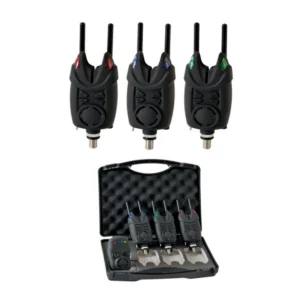 Set alarma Bite Alarm Set Extra Carp 56-1019, šaranski indikatori za pecanje sa vibracijom, noćnim svetlom, podesivim tonom i utičnicom za dodatne indikatore.