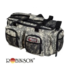 Torba za pecanje Robinson Fishing Bag Camo Voyager L, urban camo, glavni i bočni džepovi, mrežasti džep na poklopcu, praktična torba za ribolov