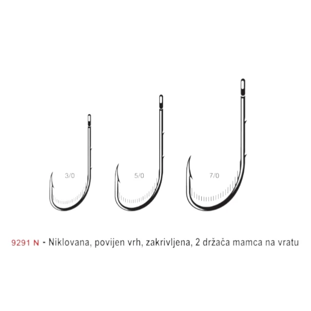 Samurai 9291N udice, udice za soma i smuđa, niklovane, sa povijenim vrhom i držačima mamca