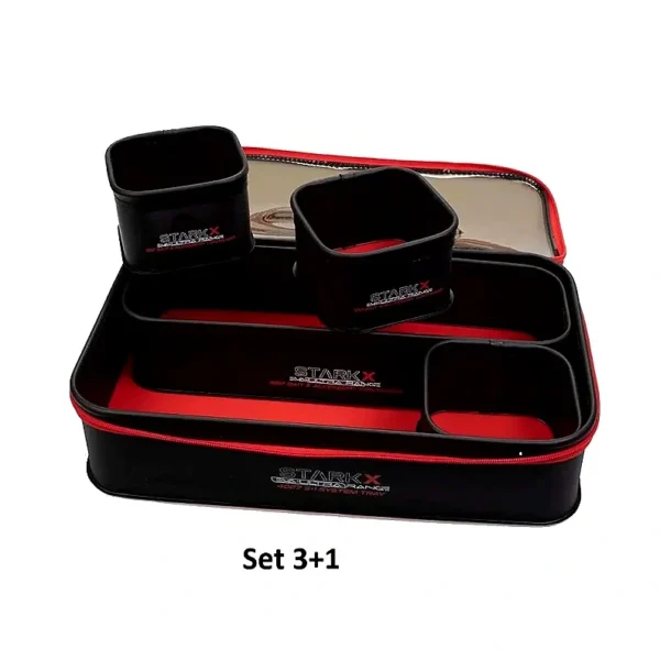 Torba Eva Nytro Starkx za feeder sitnice 3+1 40x27x8,5cm Torba Eva Nytro Starkx 3+1 – torba za mamce i sitni pribor sa četiri posude i providnim poklopcem